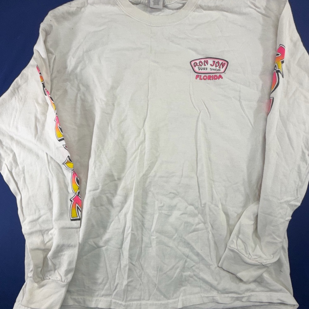 Ron Jon White Long Sleeve Tee with Vibrant Sleeve Graphics